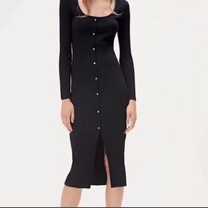 Zara Ribbed long-sleeve button down Midi dress in black.